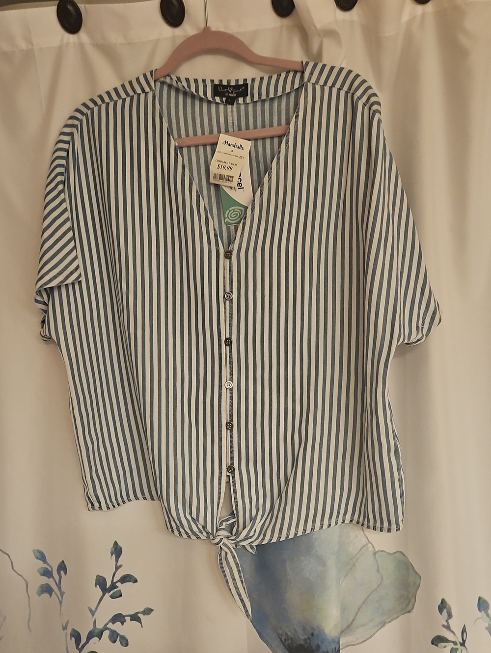 Marshalls Blue and White Striped Button-Front Tie-Hem Top